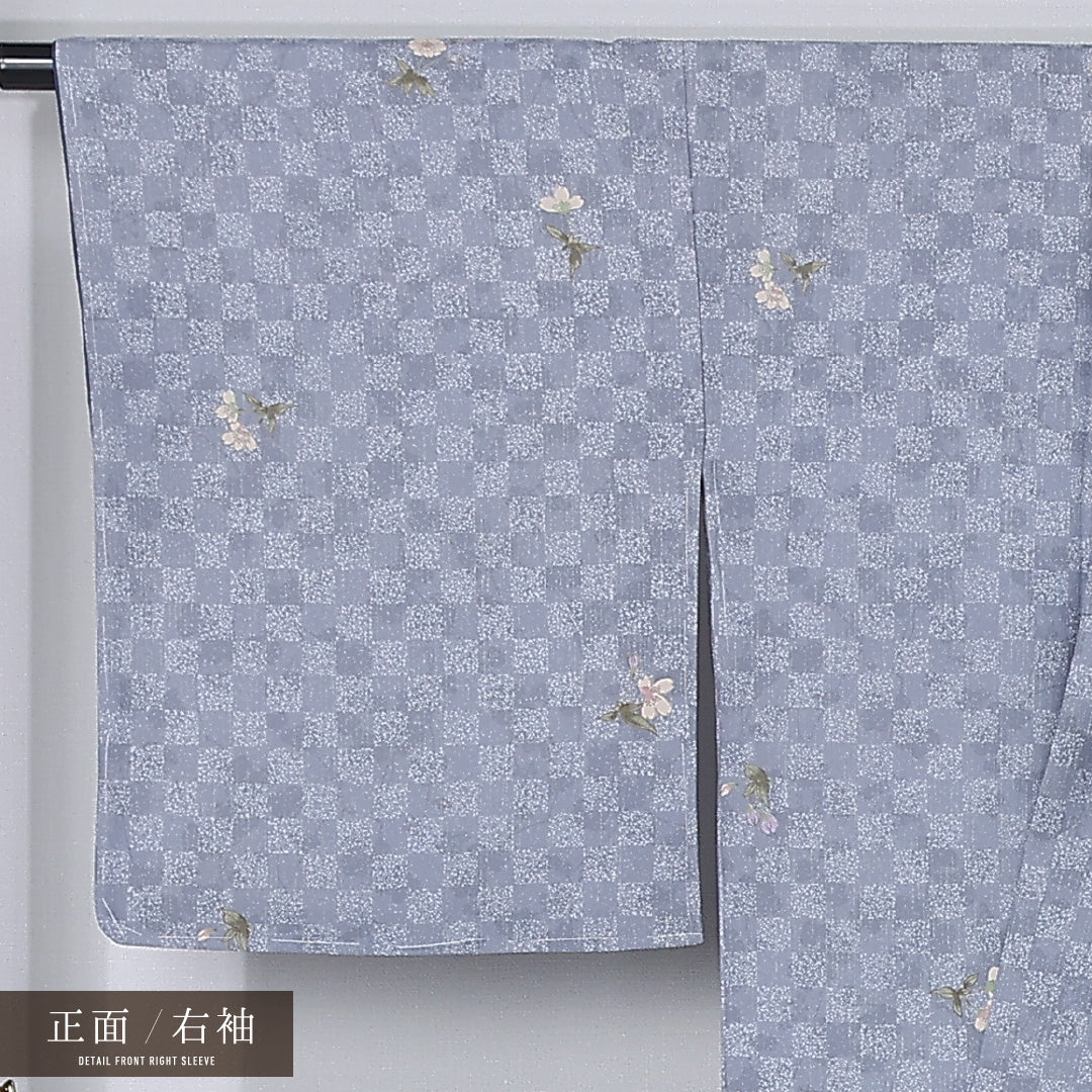 洗える着物 小紋 袷 身丈165cm 裄丈65cm ポリエステル Sランク インフォーマル 広衿 XLサイズ 市松 桜 グレー系 RP 1221-12362