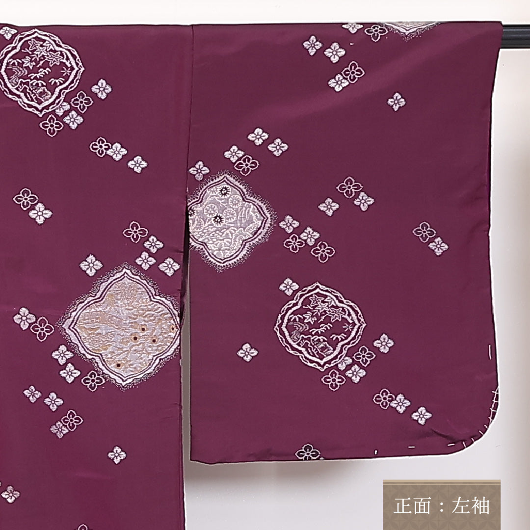 アンティーク お召 袷 身丈149cm 裄62.5cm 正絹 花菱 紫系 Bランク 1216-01277