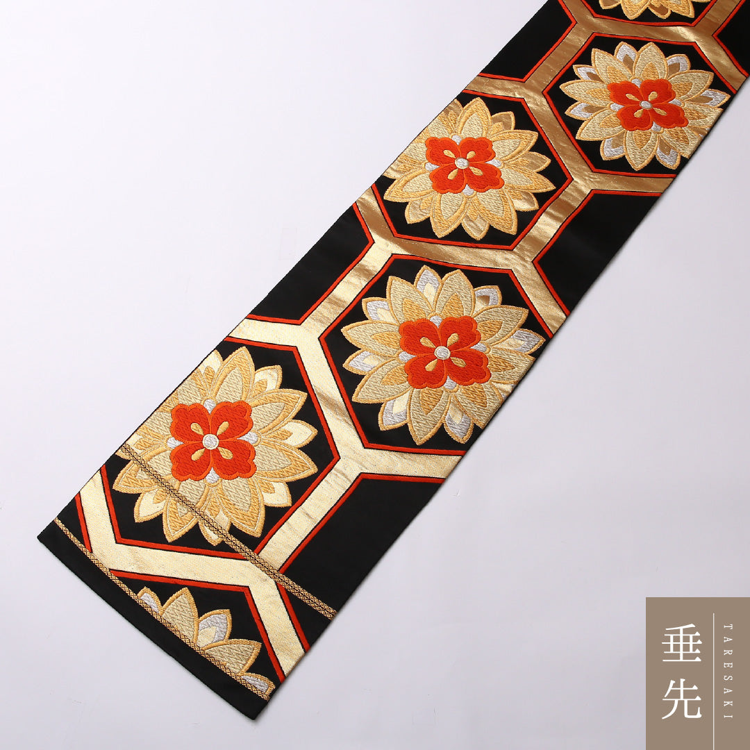 袋帯 帯丈416cm 正絹 六通 フォーマル 宝相華 亀甲 黒系 1243-01558