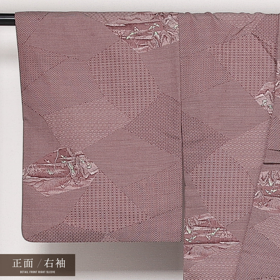 お召 袷 身丈156cm 裄丈64cm 正絹 Aランク インフォーマル 広衿 Mサイズ 風景柄 紫系 RP 1222-13573