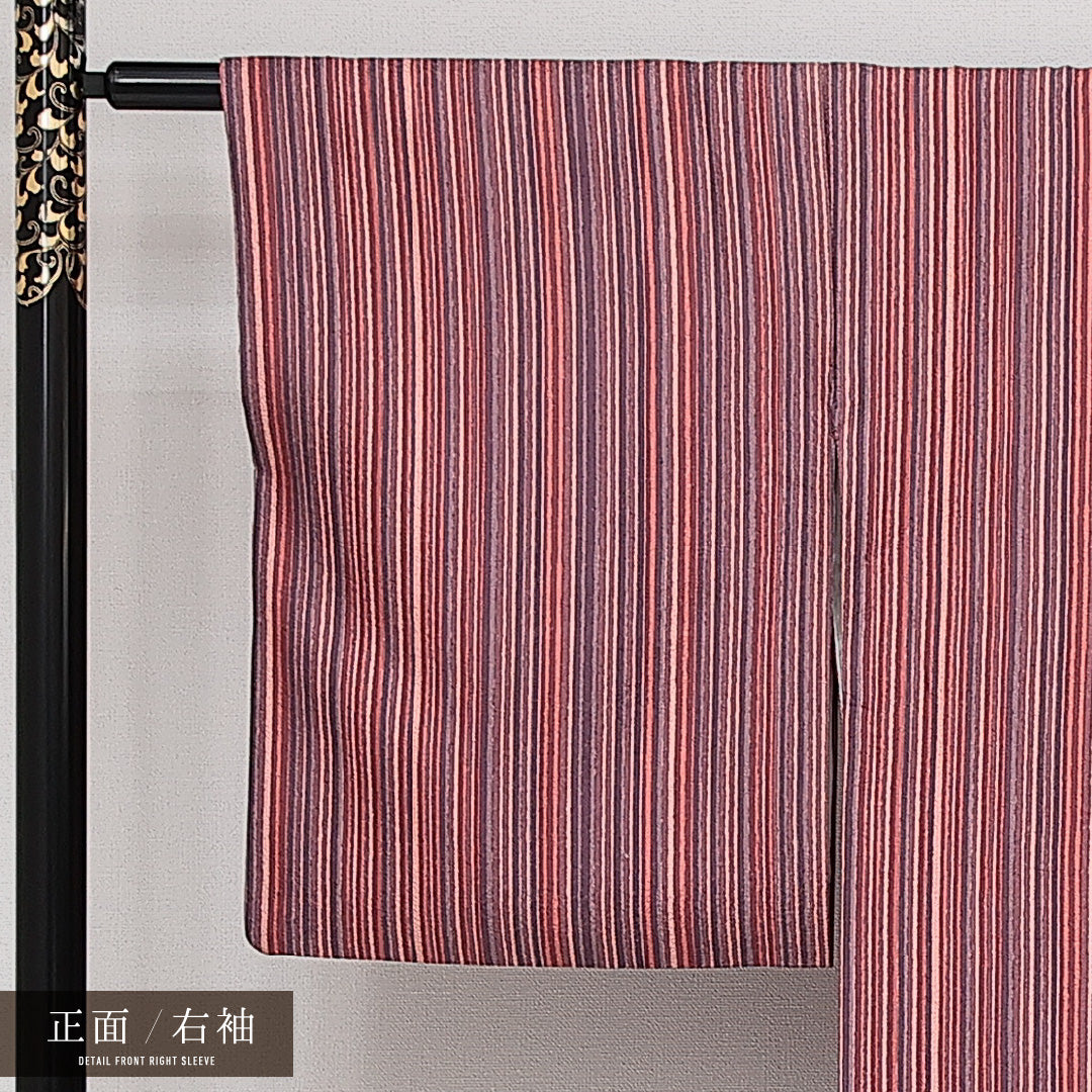 小紋 袷 身丈165cm 裄丈63cm 正絹 Bランク インフォーマル 広衿 XLサイズ 縞 ピンク系 HP 1221-14341