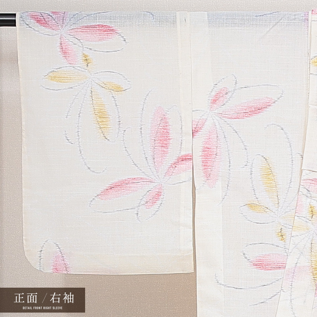 麻の紬 夏物 洗える着物 単衣 身丈152cm 裄丈62cm 麻 Sランク Sサイズ バチ衿 カジュアル 蝶 クリーム系 1216-14789