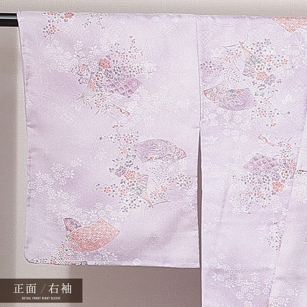 小紋 洗える着物 袷 身丈159cm 裄丈64cm ポリエステル Sランク Mサイズ 広衿 インフォーマル 扇 橘 しつけ糸 紫系 1215-14819