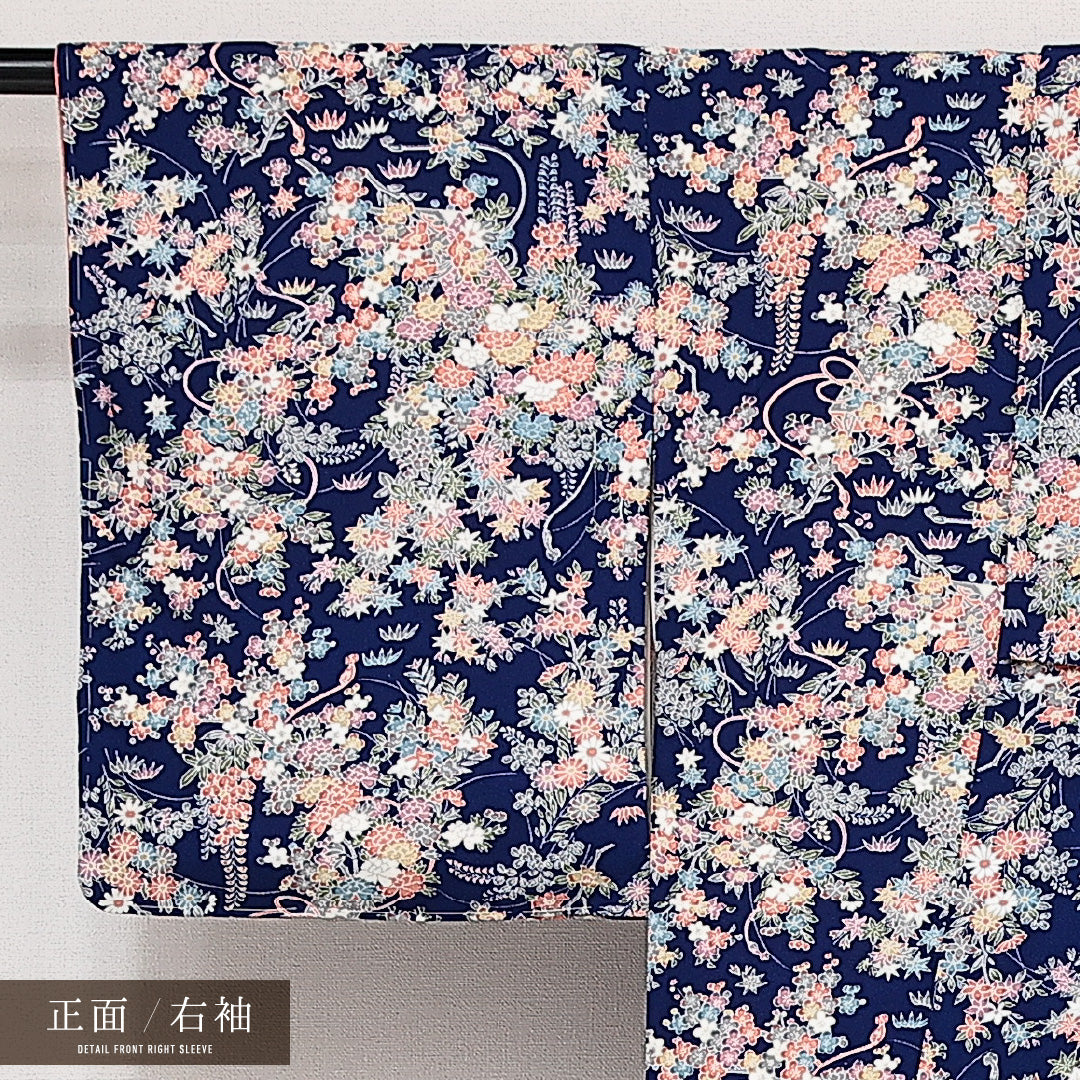 洗える着物 小紋 袷 身丈163cm 裄丈64cm ポリエステル Sランク インフォーマル 広衿 Lサイズ 花柄 紺系 RP 1221-14172