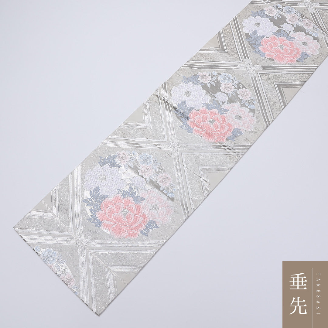 袋帯 帯丈416cm 六通 牡丹 花菱 セミフォーマル 銀系 正絹 Aランク 1223-00912