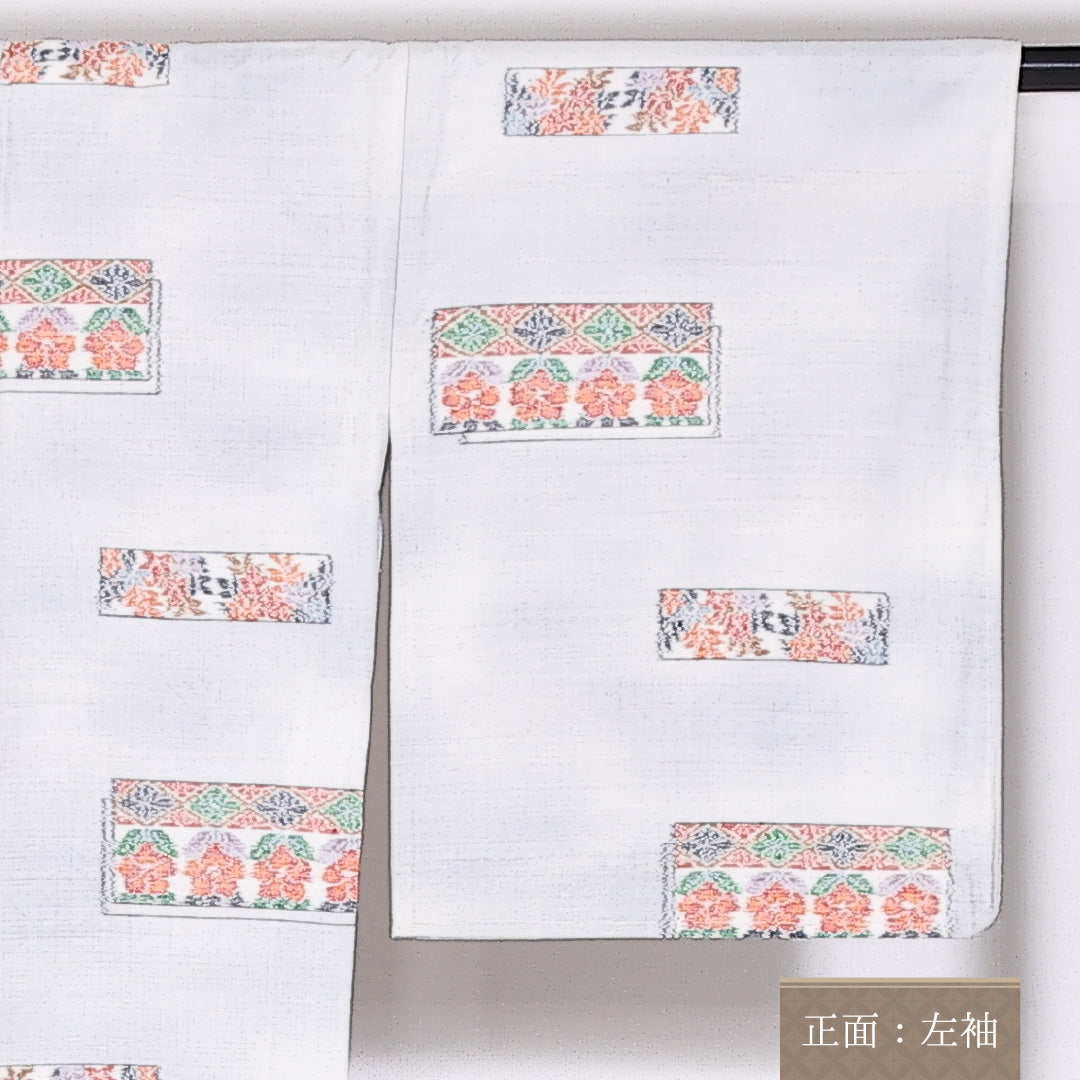 本真綿結城 結城紬 単衣 身丈166.5cm 裄64cm 正絹 ぼかし 牡丹 水色系 証紙 しつけ糸 Cランク 1216-01438