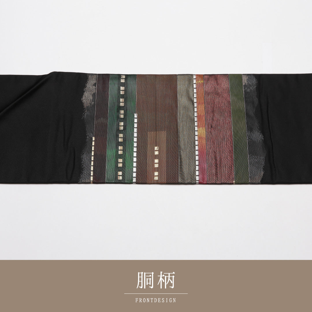 未使用品 九寸名古屋帯 Nランク 帯丈350cm 正絹 ポイント柄 名古屋仕立て 織り インフォーマル しつけ糸 幾何学柄 黒系 RP 1245-01856