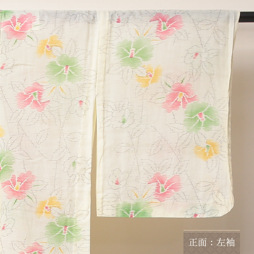 麻の紬 夏物 洗える着物 夏物 身丈163cm 裄丈66cm 麻 Sランク Lサイズ バチ衿 カジュアル 椿 クリーム系 白系 1216-03478