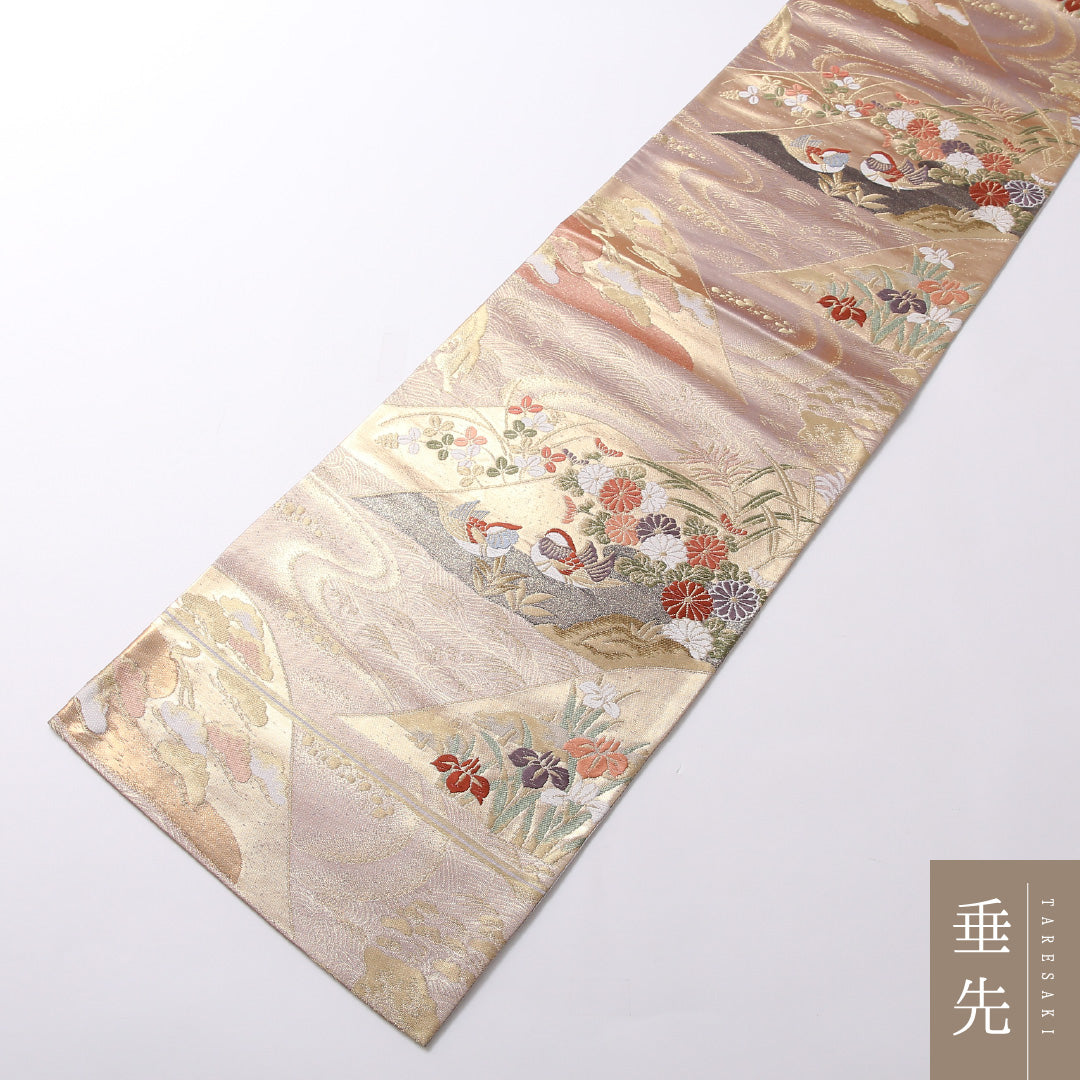 袋帯 帯丈418cm 正絹 六通 フォーマル 本金箔 鴛鴦 山水 金系 ベージュ系 1243-01688