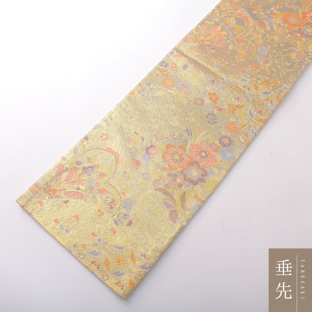 袋帯 帯丈438cm フォーマル 六通 帯芯なし Sランク 正絹 吉祥文様 金系 1223-02142