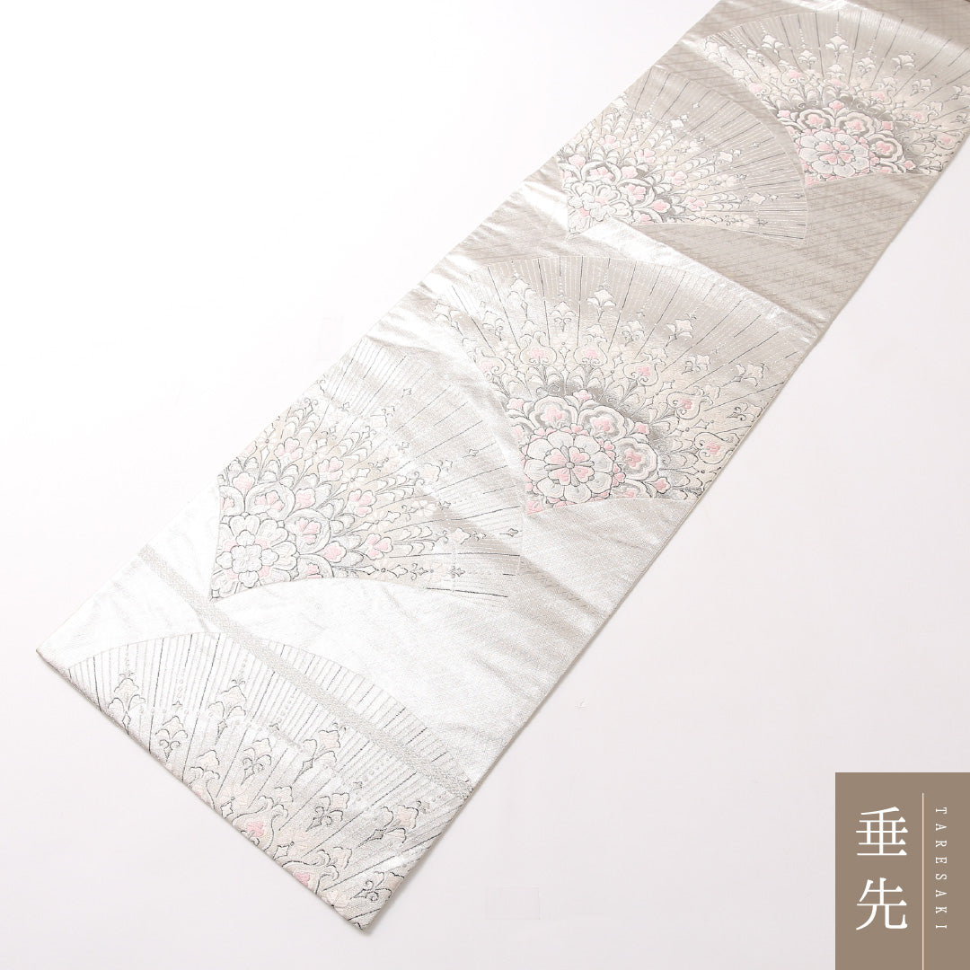 振袖用 袋帯 帯丈362cm 正絹 六通 扇面文 孔雀 銀系 1243-01731