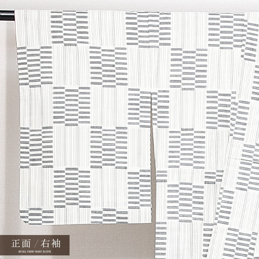 未使用品 紬 袷 身丈158cm 裄丈62cm 正絹 Nランク カジュアル 広衿 Mサイズ しつけ糸 市松 幾何学柄 白系 RP 1223-14887