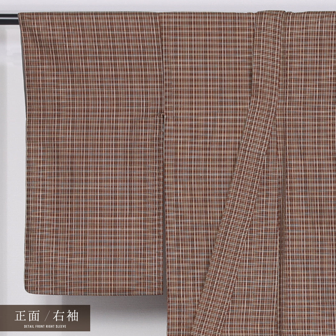 洗える着物 紬 袷 身丈149cm 裄丈63cm ポリエステル Sランク カジュアル バチ衿 XSサイズ 格子 茶系 RP 1223-11481