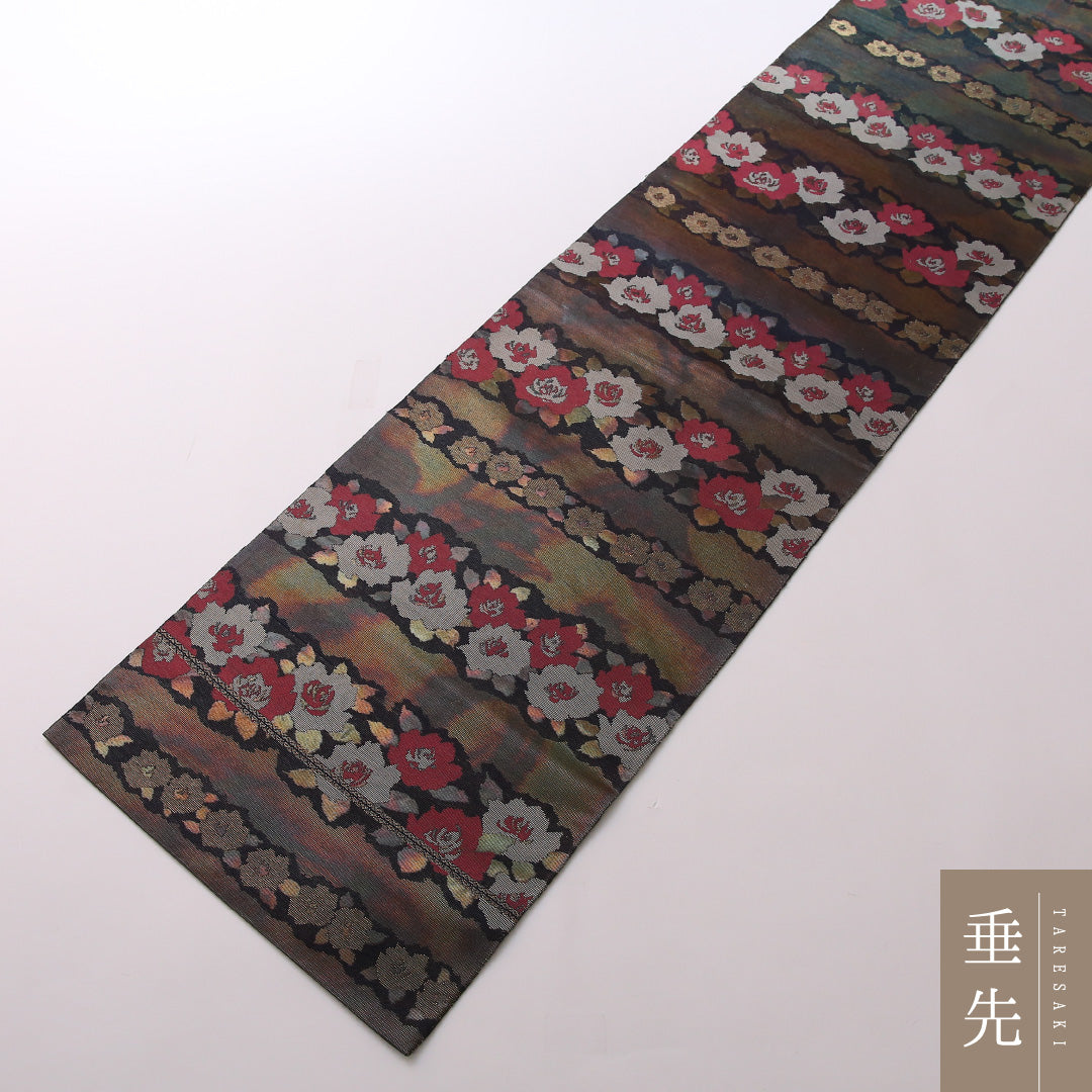 袋帯 帯丈404cm 正絹 六通 帯芯なし セミフォーマル こはく錦 花柄 紺系 1243-01652