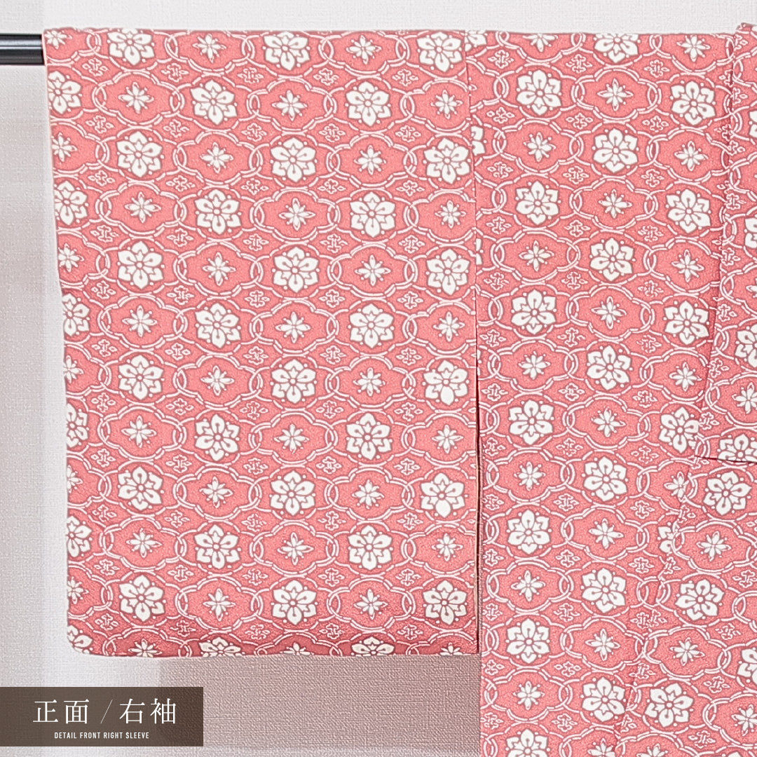 小紋 袷 身丈158cm 裄丈62cm 正絹 Cランク インフォーマル 広衿 Mサイズ 花菱 木瓜 赤系 HP 1221-15241