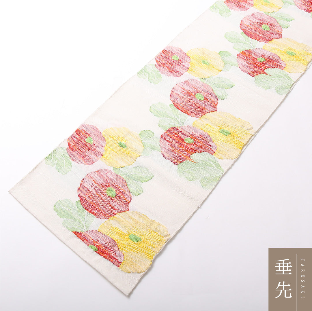 八寸名古屋帯 Aランク 帯丈361cm 正絹 六通 松葉仕立て 染め カジュアル 紬 琳派 椿 クリーム系 RP 1245-03065
