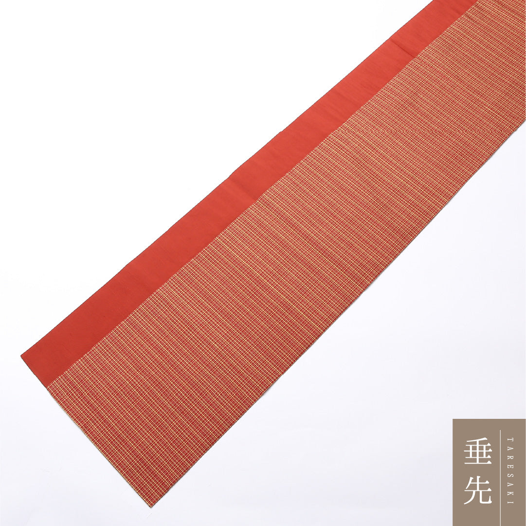 未使用品 九寸名古屋帯 Nランク 帯丈364cm 正絹 全通 開き仕立て 織り カジュアル しつけ糸 紬 創作柄 朱系 GP 1245-02498