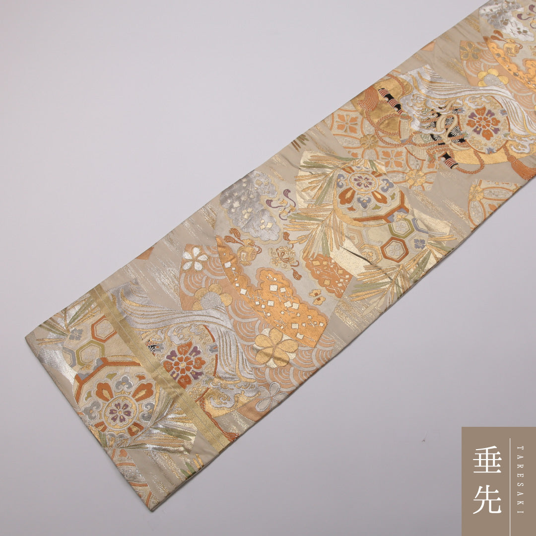 アンティーク 丸帯 帯丈400cm 正絹 全通 扇面文 楽器 クリーム系 金系 1242-01365