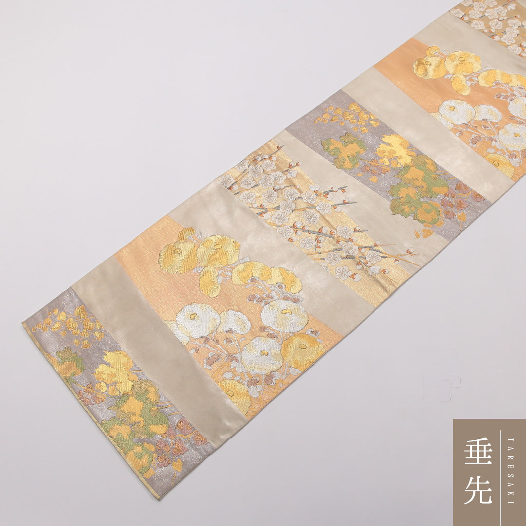 袋帯 六通 帯丈444cm フォーマル Sランク 正絹 琳派 梅 柏 橘 落款 クリーム系 1223-01451