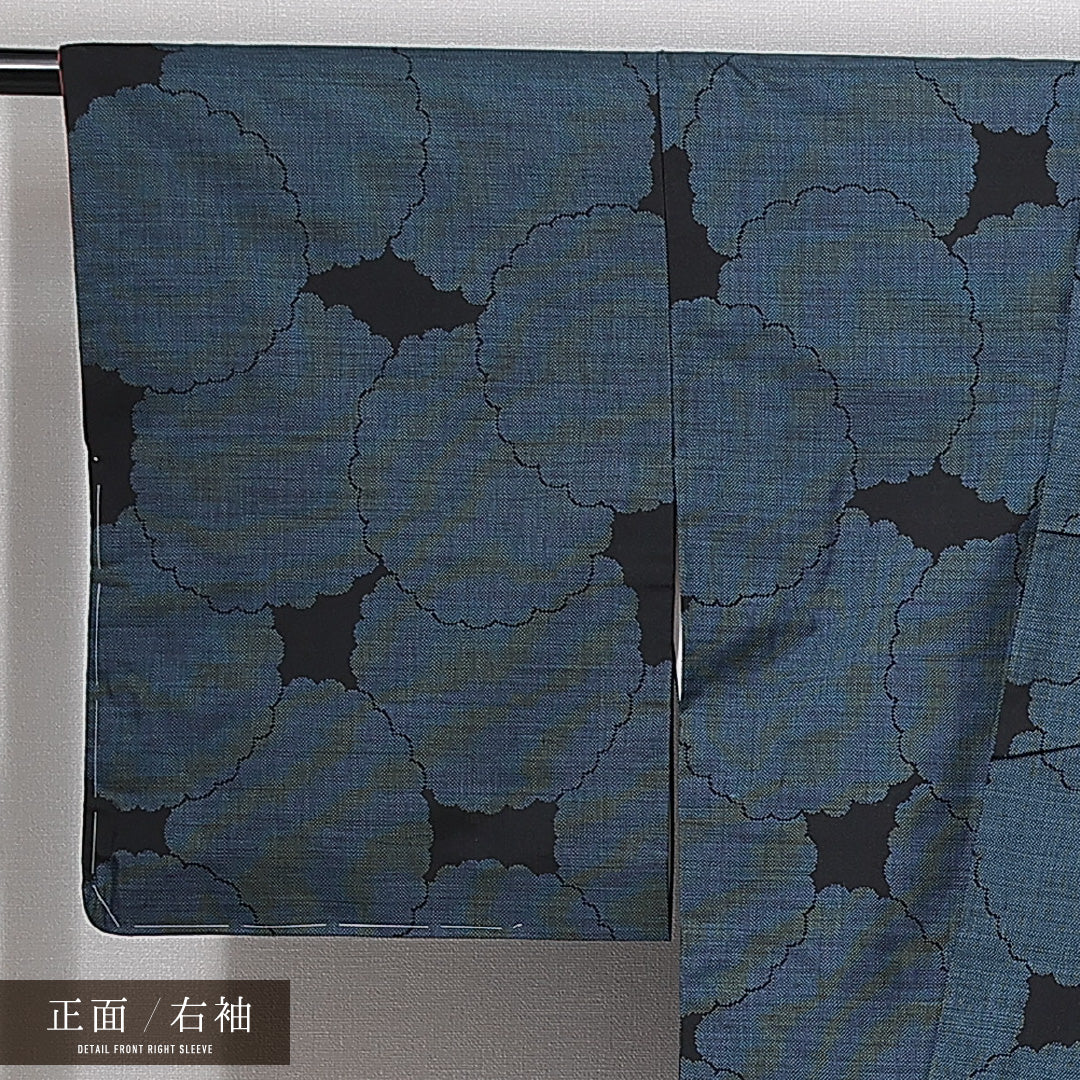紬 袷 身丈163cm 裄丈61cm 正絹 Sランク Lサイズ 広衿 カジュアル 雲取り 紺系 1216-15002