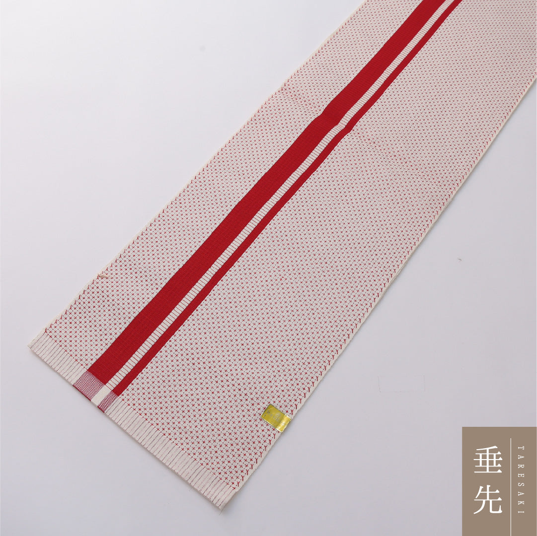 八寸名古屋帯 Sランク 帯丈396cm レーヨン 全通 開き仕立て 織り カジュアル 縞 十字絣 白系・赤系 LP 1245-03308
