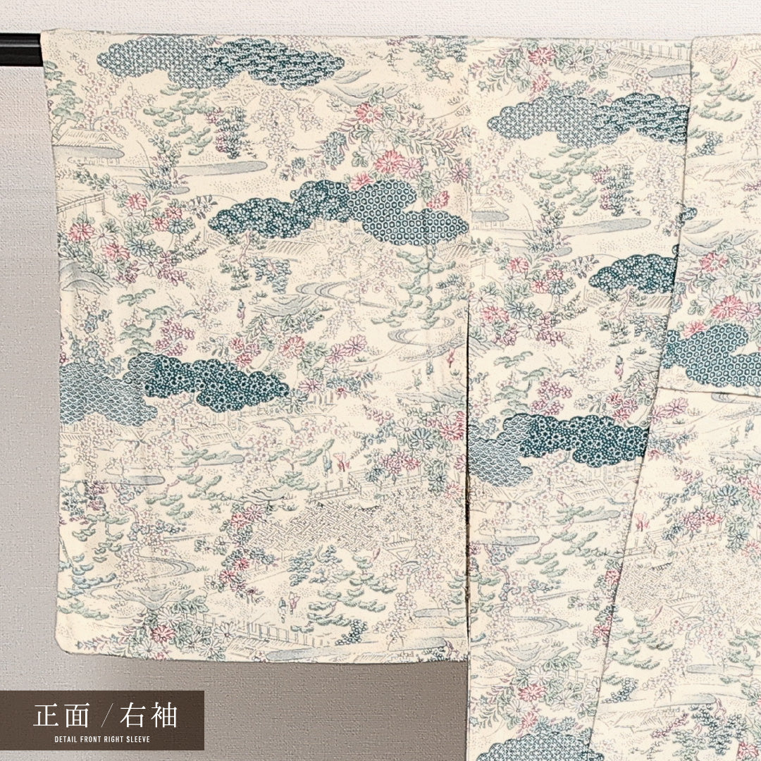 小紋 単衣 身丈152cm 裄丈60cm 正絹 Bランク インフォーマル 広衿 Sサイズ 御所解 クリーム系 RP 1221-14024