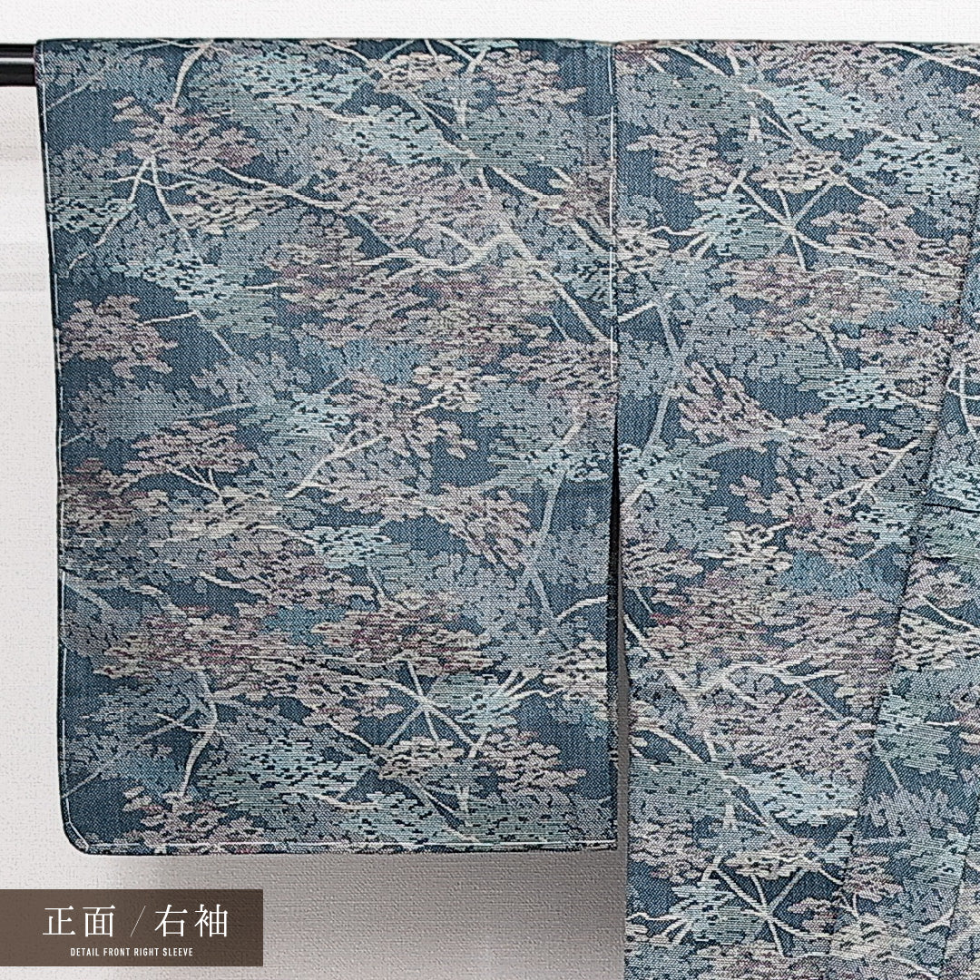 未使用品 洗える着物 ウールの紬 胴抜き 身丈154cm 裄丈64cm ウール Sランク カジュアル バチ衿 Sサイズ しつけ糸 植物柄 青系 RP 1223-14153