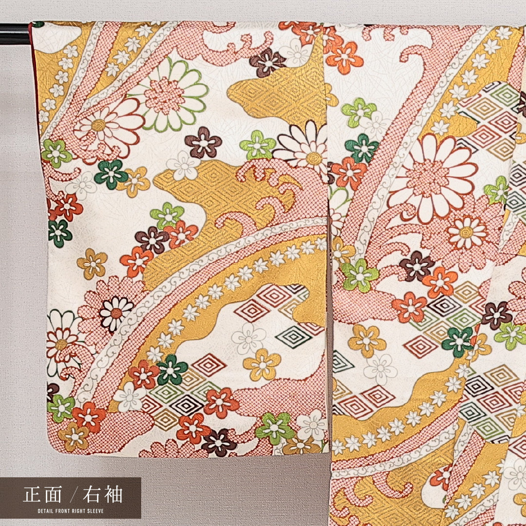 小紋 袷 身丈163cm 裄丈65cm 正絹 Sランク インフォーマル バチ衿 Lサイズ 金彩 吉祥文様 黄系 RP 1221-14298