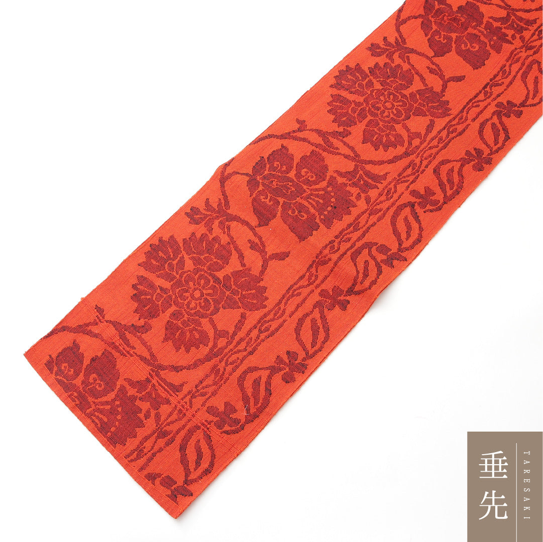 九寸名古屋帯 Sランク 帯丈340cm 正絹 六通 開き仕立て 織り カジュアル 紬 唐草華文 朱系 LP 1245-02125