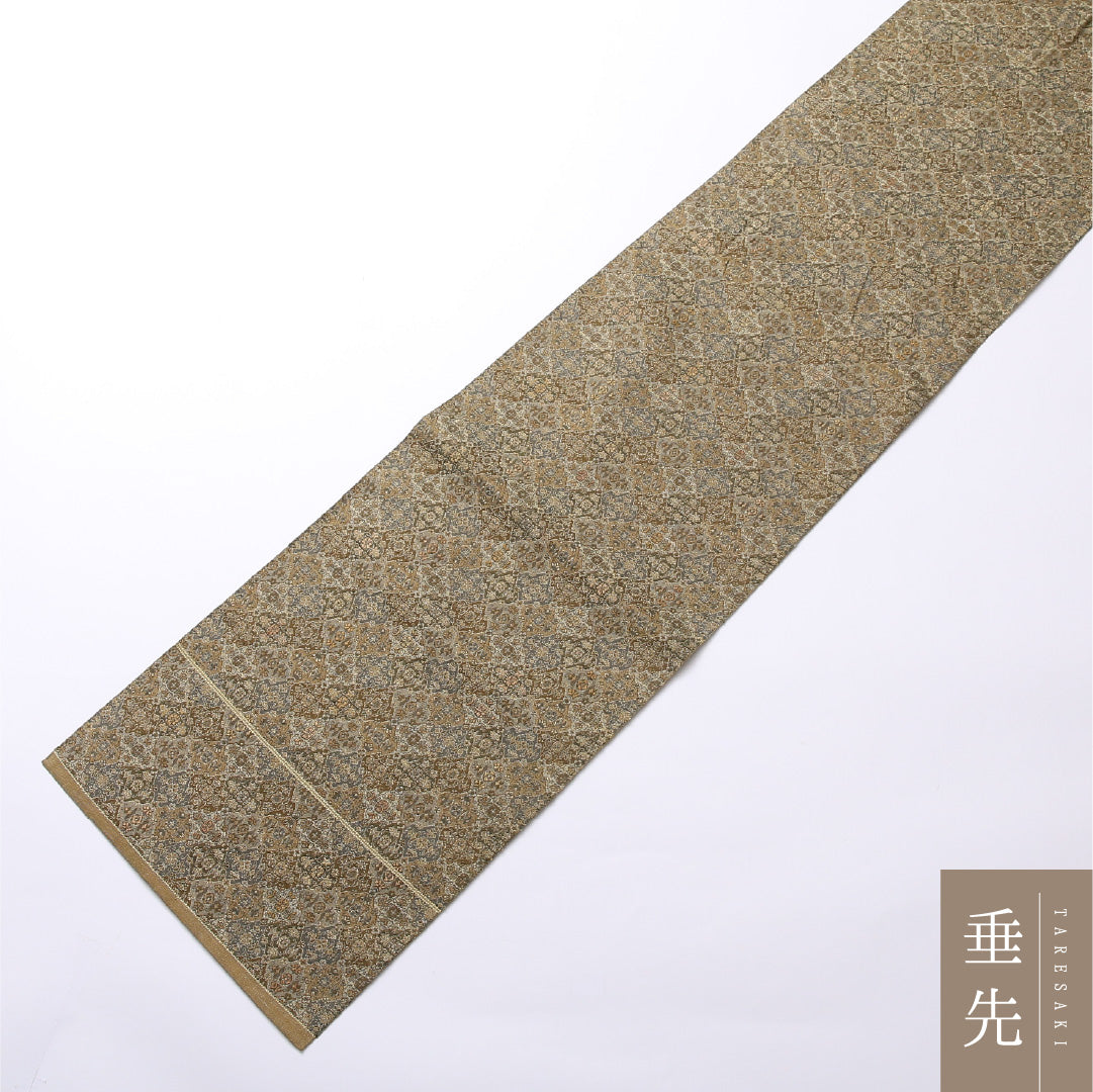 八寸名古屋帯 Aランク 帯丈363cm 正絹 六通 松葉仕立て 織り インフォーマル アラベスク文様 緑系 RP 1245-02536
