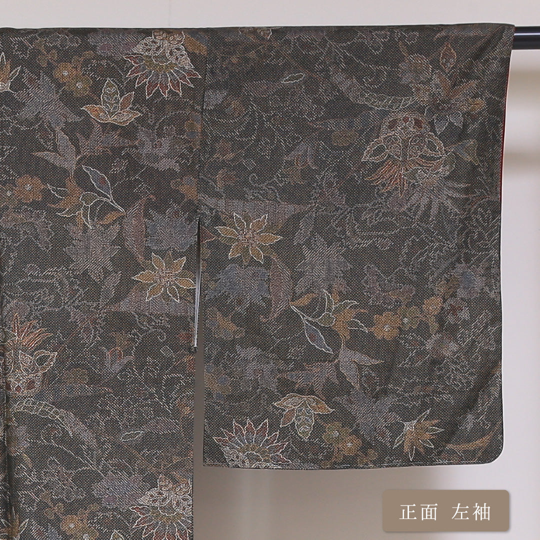 小紋 袷 身丈157cm 裄丈65cm 正絹 Sランク インフォーマル 広衿 Mサイズ 花柄 グレー系 PO 1221-01751