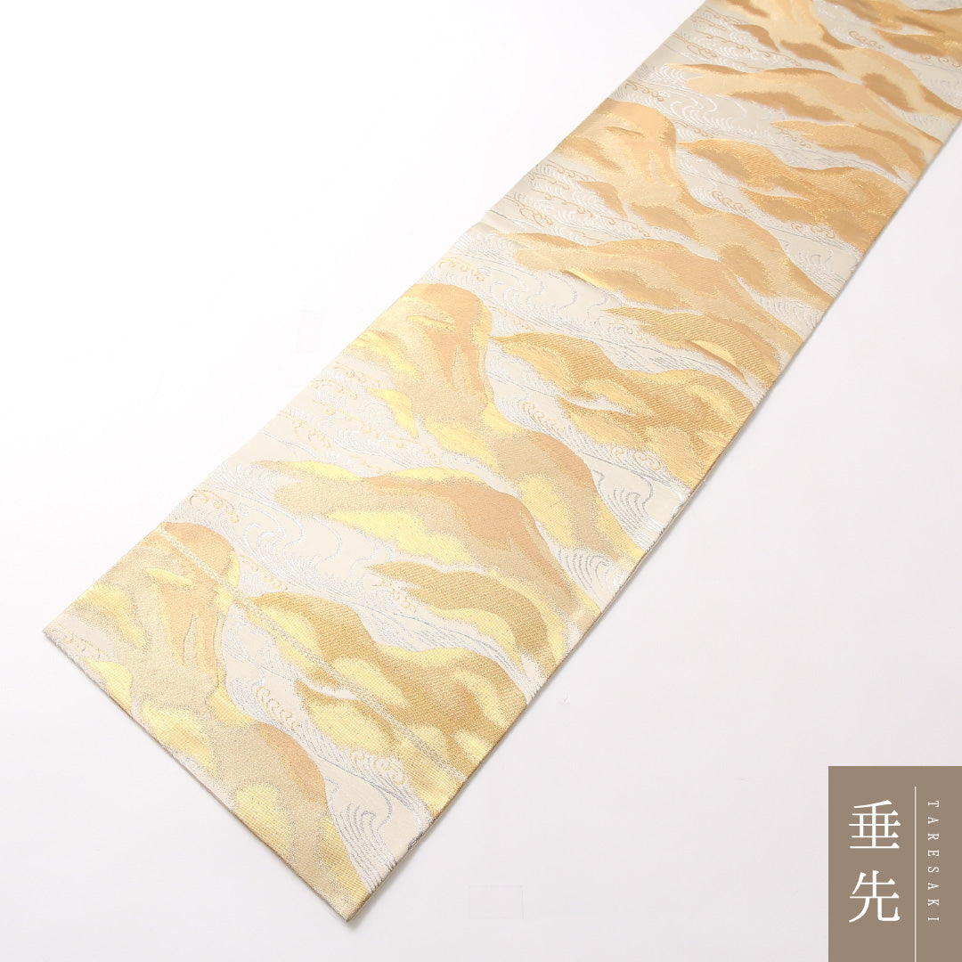 袋帯 帯丈416cm 正絹 六通 フォーマル 綴れ織 遠山 荒磯 金系 1243-01722
