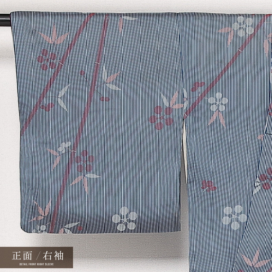 小紋 袷 身丈141cm 裄丈63cm 正絹 Cランク インフォーマル 広衿 XSサイズ 梅 笹 青系 HP 1221-13651