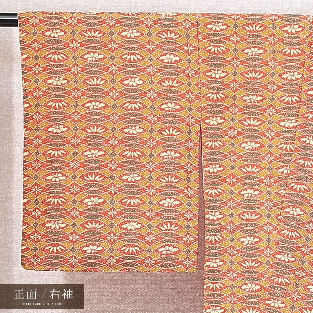 小紋 袷 身丈157cm 裄丈61cm 正絹 Sランク インフォーマル バチ衿 Mサイズ 笹 朱系 RP 1221-14891