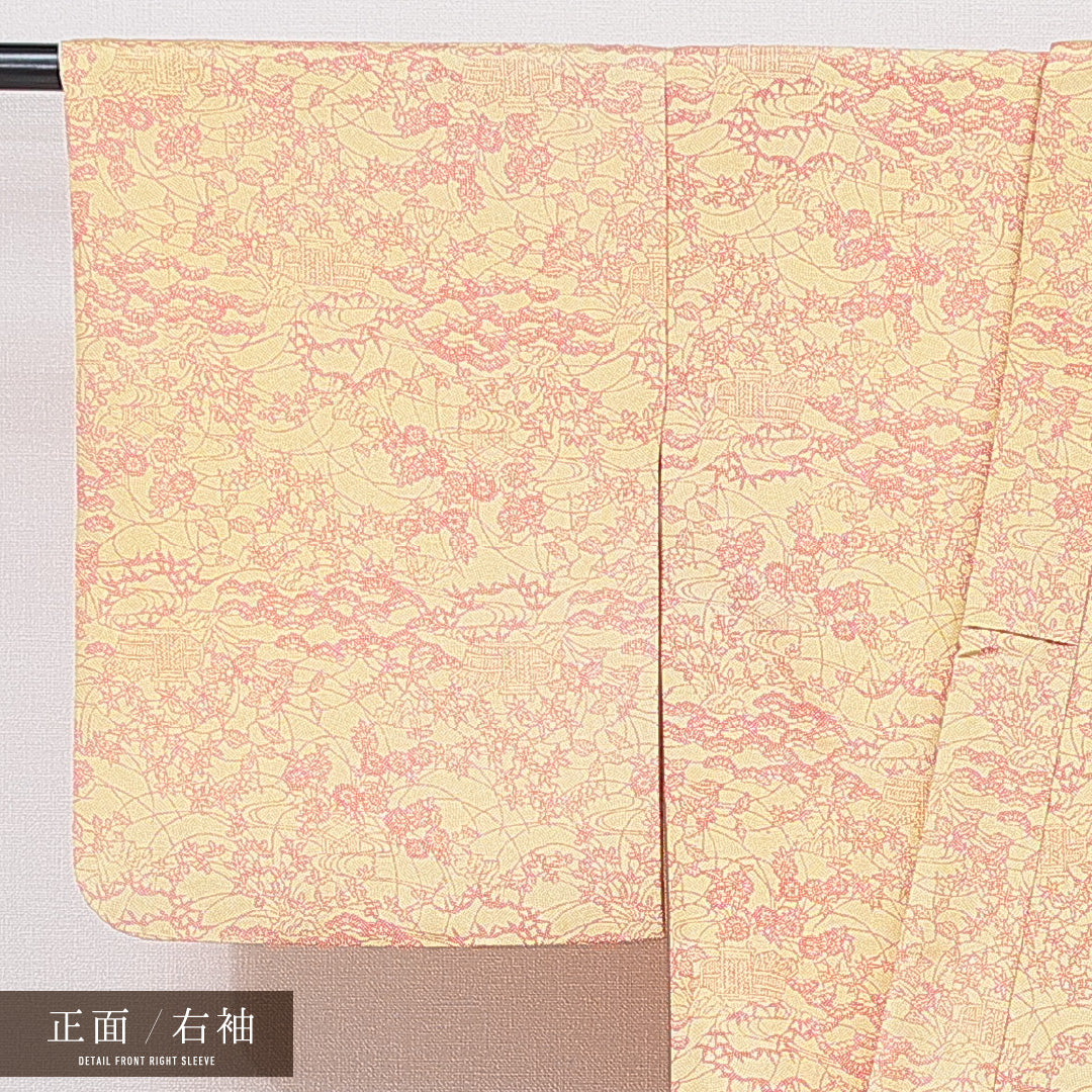 小紋 袷 身丈159cm 裄丈62cm 正絹 Cランク インフォーマル バチ衿 Mサイズ 古典柄 黄系 HP 1221-15738