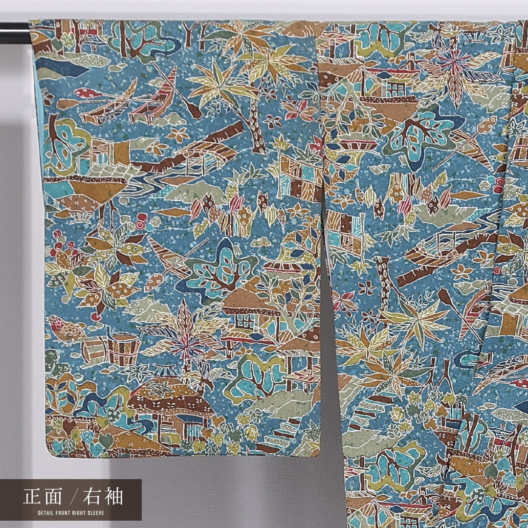 小紋 袷 身丈153cm 裄丈64cm 正絹 Aランク インフォーマル 広衿 Sサイズ たたき染め 茶屋辻 青系 HP 1221-11868