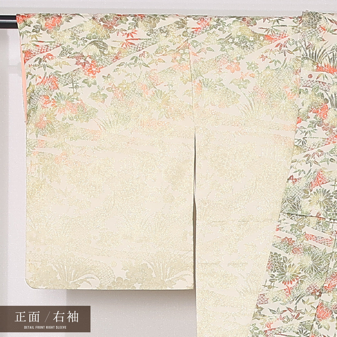訪問着 袷 身丈147cm 裄丈62cm 正絹 Aランク セミフォーマル 広衿 XSサイズ 型染め 吉祥文様 クリーム系 RP 1217-12440
