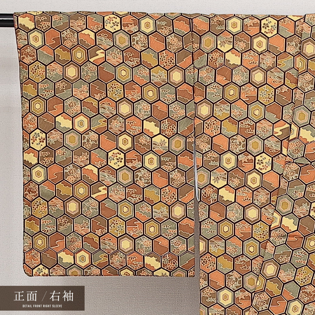 洗える着物 小紋 袷 身丈156cm 裄丈61cm ポリエステル Sランク インフォーマル 広衿 Mサイズ 四季草花 亀甲 茶系 RP 1221-14225