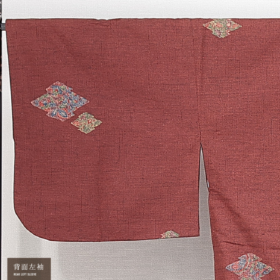 道中着 袷 身丈84cm 裄丈67cm 正絹 Sランク セミフォーマル Mサイズ 松皮菱 花柄 赤系 RP 1236-14746