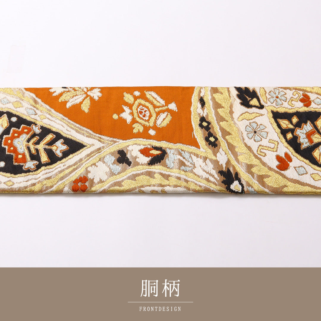 アンティーク 九寸 名古屋帯 帯丈365cm 名古屋仕立て 六通 Aランク 正絹 創作柄 独創的 遊び心 茶系 1224-02980