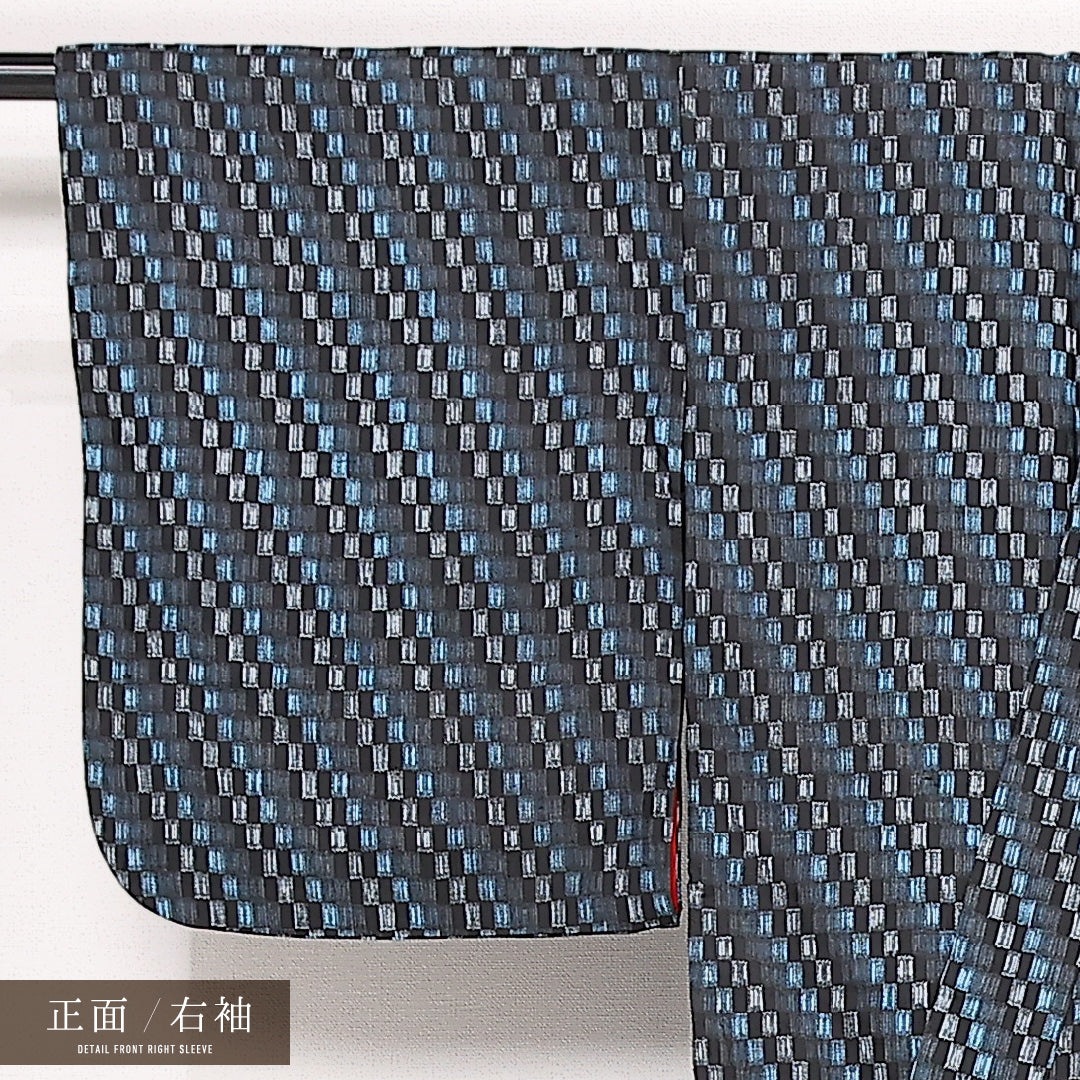アンティーク 紬 袷 身丈146cm 裄丈62cm 正絹 Aランク バチ衿 XSサイズ チェック 青系 RP 1223-13356