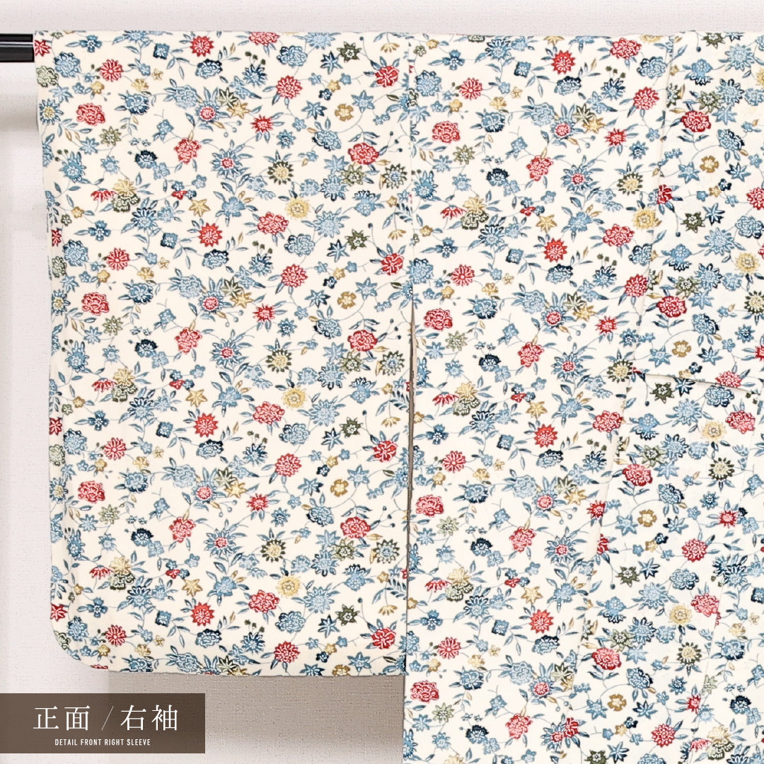 小紋 袷 身丈159cm 裄丈64cm 正絹 Aランク インフォーマル 広衿 Mサイズ 花柄 白系 HP 1221-13391