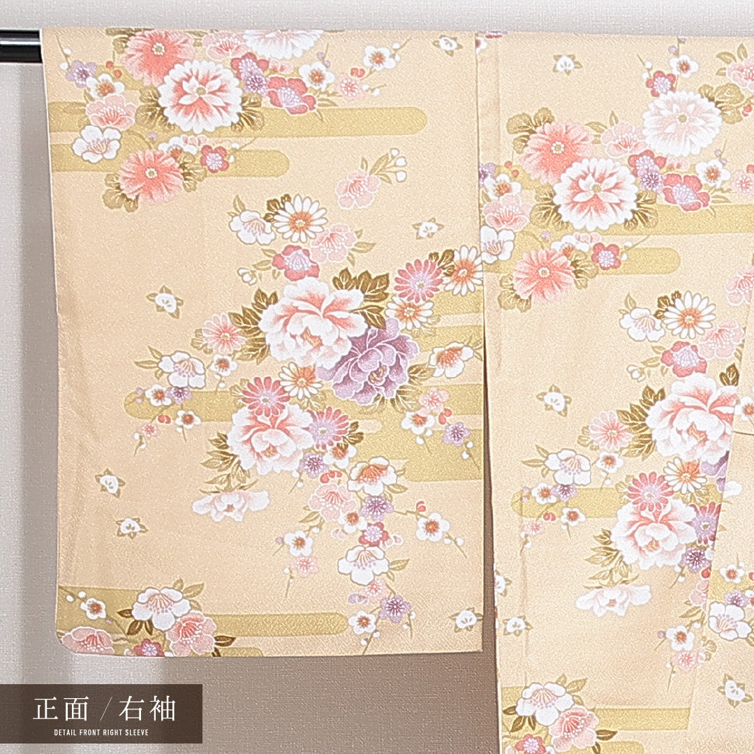 小紋 洗える着物 袷 身丈165cm 裄丈66cm ポリエステル Dランク XLサイズ 広衿 インフォーマル エ霞 牡丹 ベージュ系 1215-14920