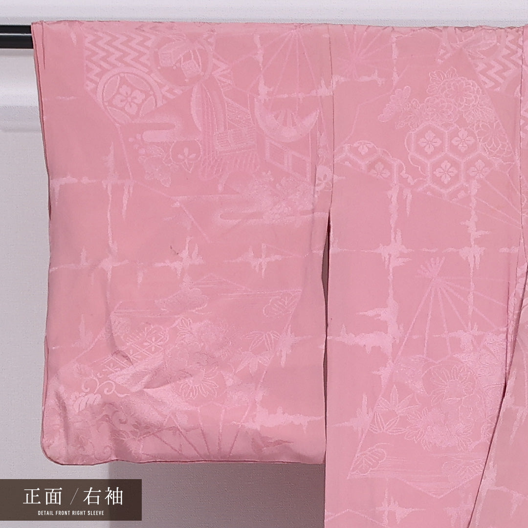 色無地 袷 身丈150cm 裄丈61cm 正絹 Cランク 紋意匠 (菱亀甲) インフォーマル バチ衿 Sサイズ 無地 ピンク系 LP 1219-11539