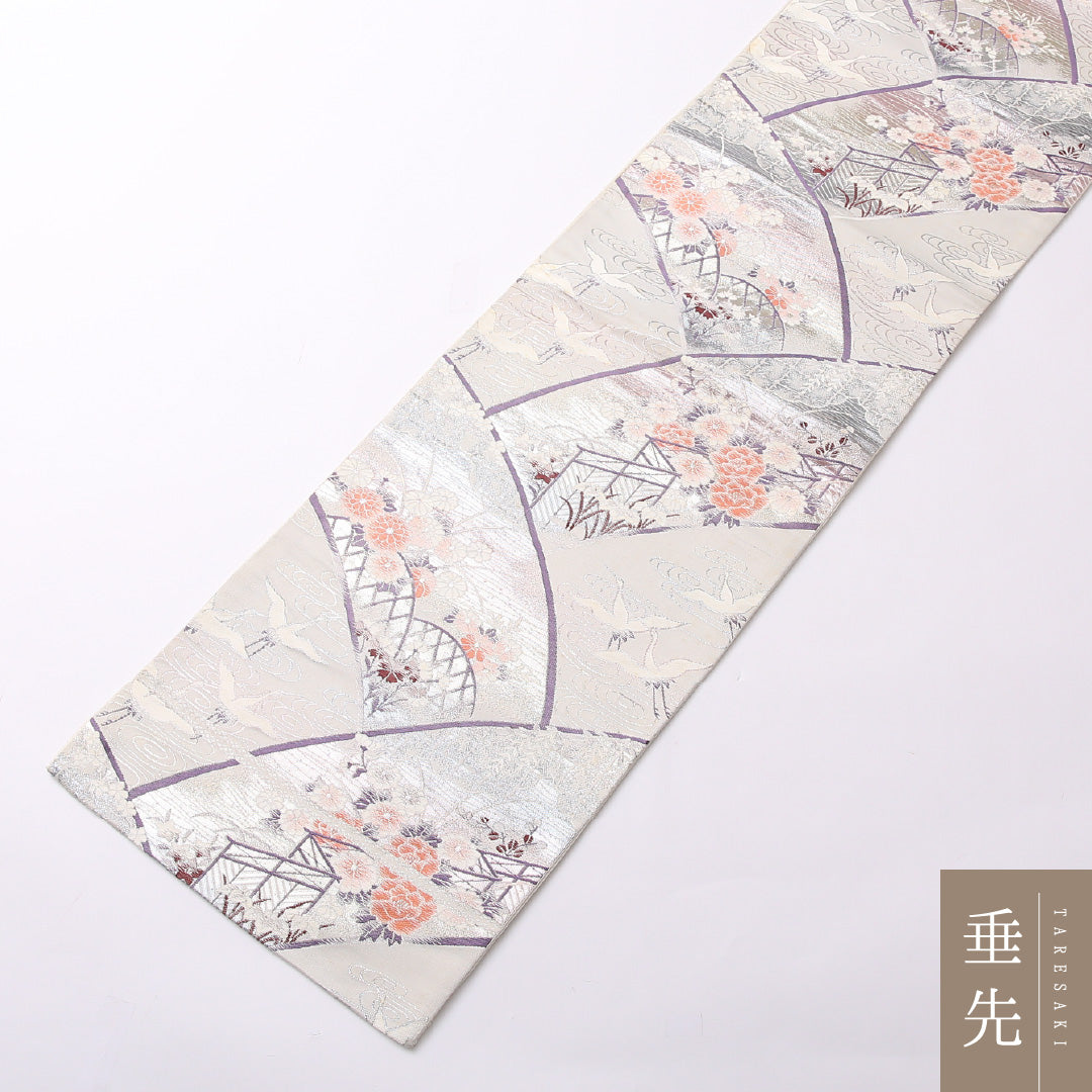 袋帯 帯丈412cm 正絹 六通 フォーマル 琳派 裂取り 御所解 銀系 白系 1243-01514