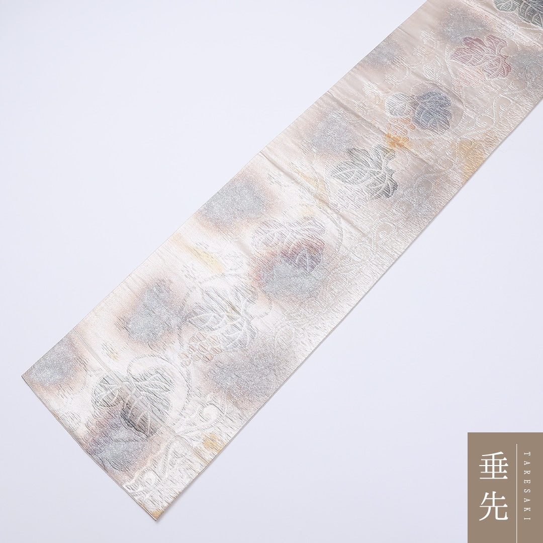 袋帯 帯丈428cm 六通 葡萄 ふくれ織 セミフォーマル 銀系 正絹 Aランク 1223-00979
