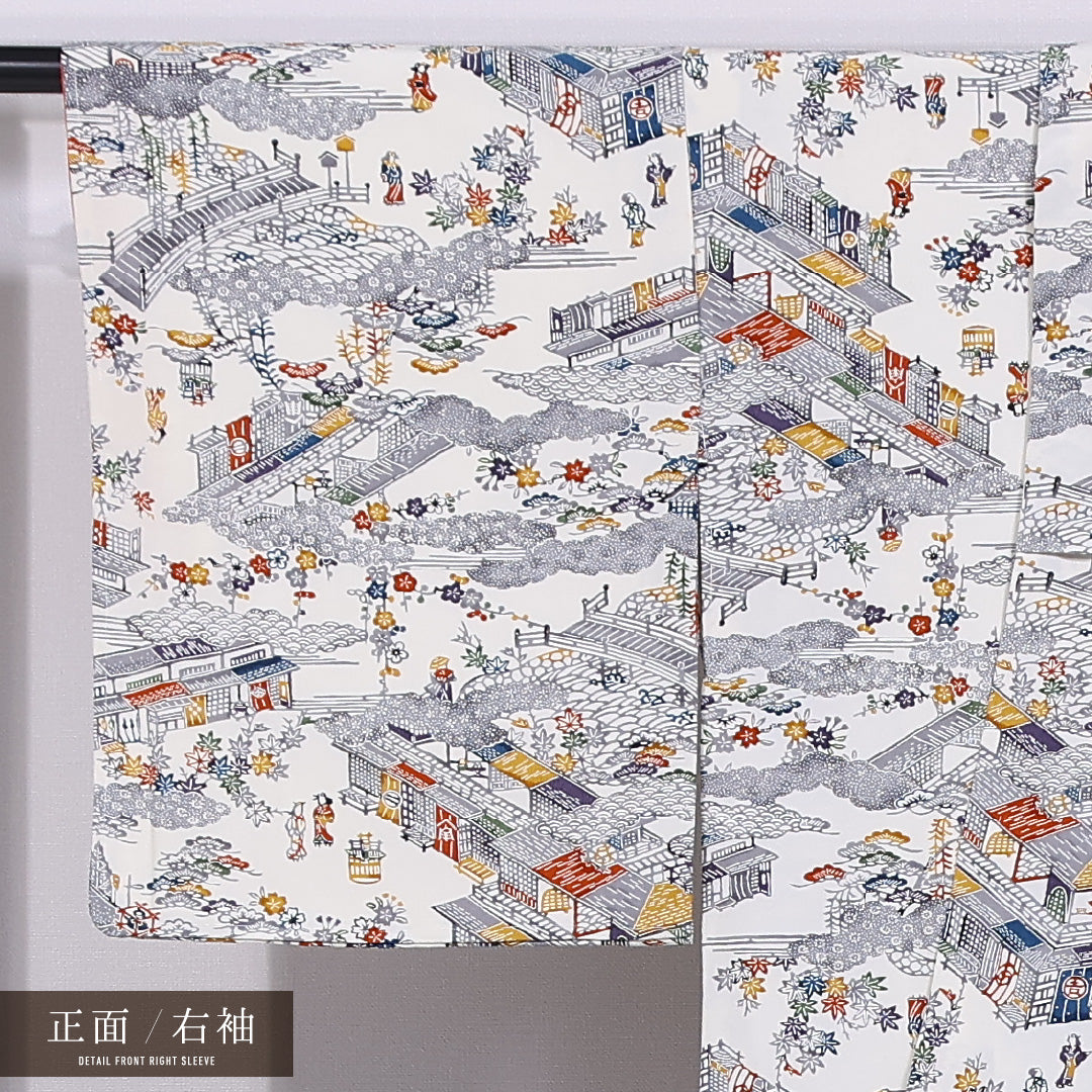 未使用品 小紋 袷 身丈155cm 裄丈62cm 正絹 Nランク インフォーマル 広衿 Mサイズ しつけ糸 人物 風景柄 グレー系 RP 1221-11668