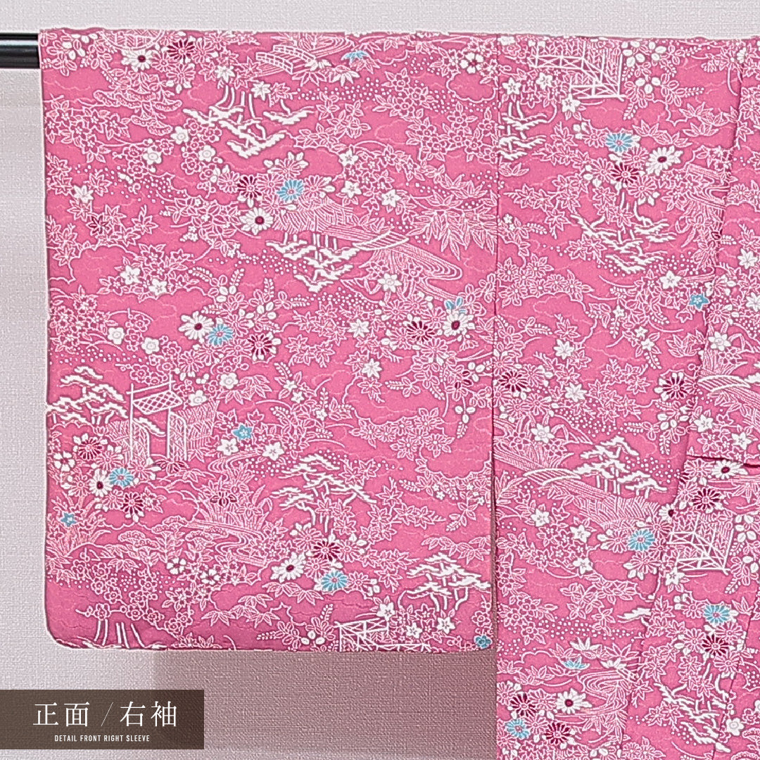 小紋 袷 身丈149cm 裄丈62cm 正絹 Sランク インフォーマル バチ衿 XSサイズ 流水 菊 ピンク系 RP 1221-15617