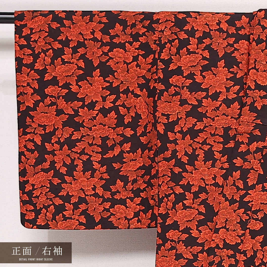 洗える着物 ウールの紬 単衣 身丈150cm 裄丈63cm ウール Sランク カジュアル バチ衿 Sサイズ 牡丹 朱系 RP 1223-13281