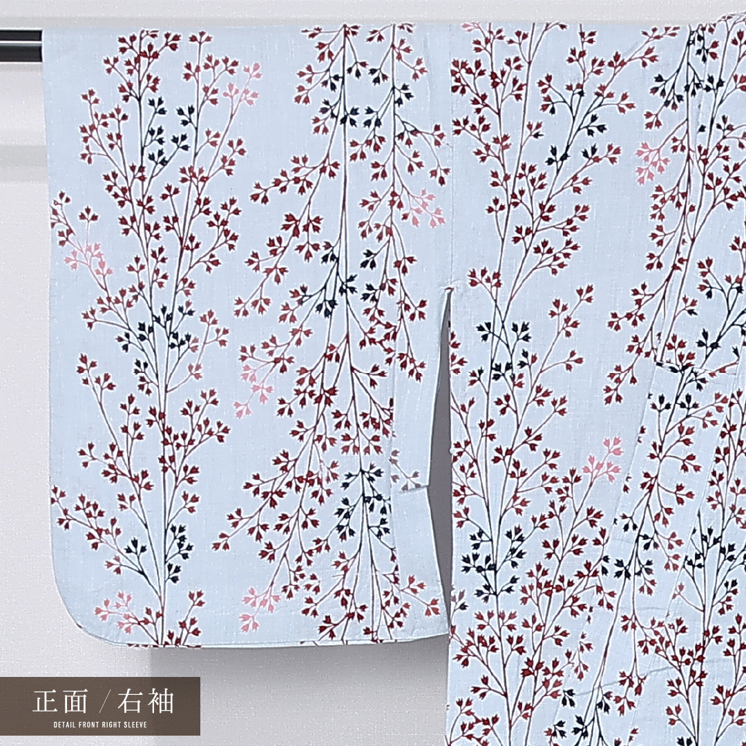 浴衣 身丈142cm 裄丈61cm Cランク XS 木綿 洗える着物 単衣 バチ衿 樹木 カジュアル 水色系 1218-12291
